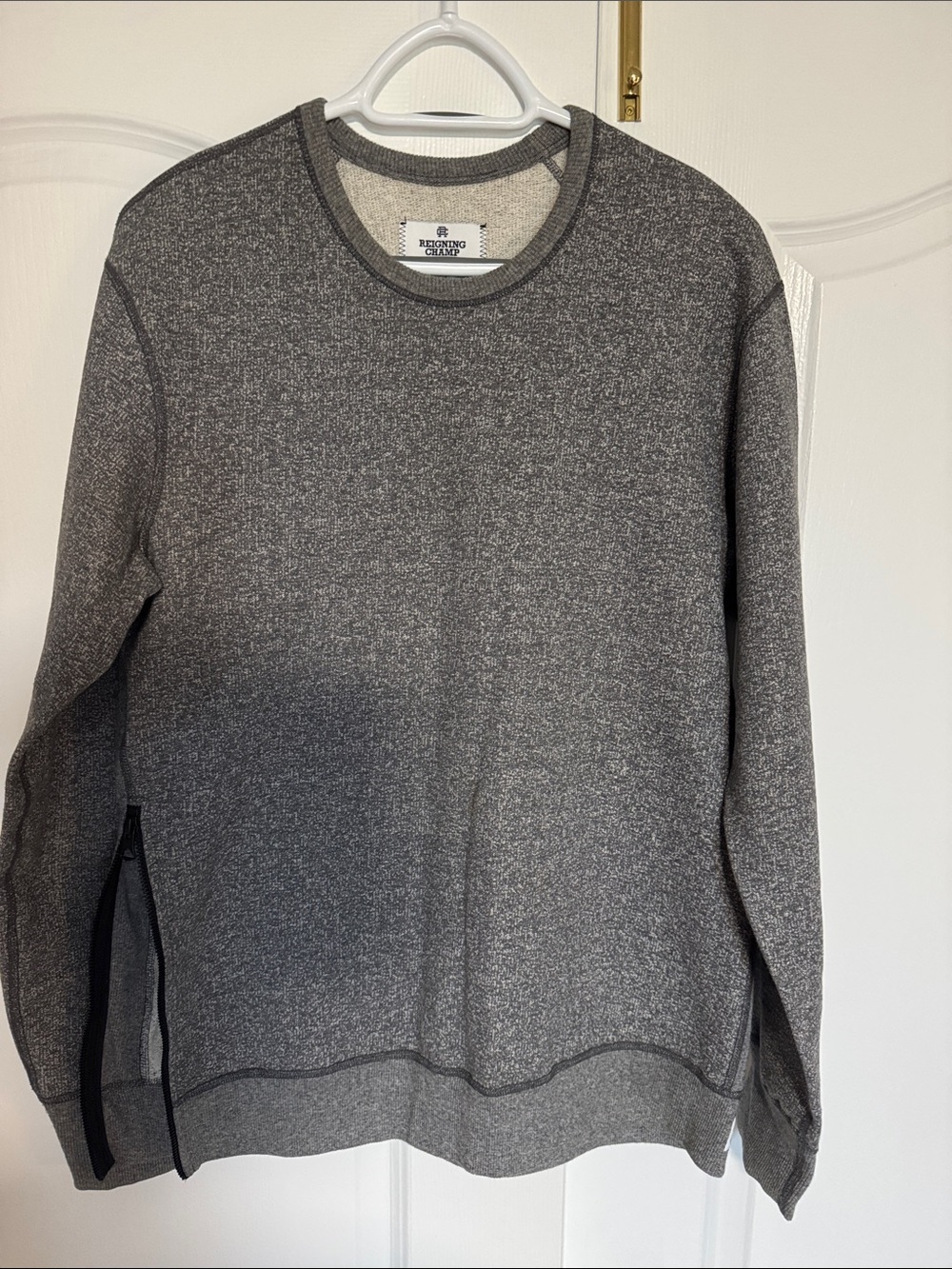 Reigning Champ Crewneck Sweater - Grey Heather with Side Zip size large